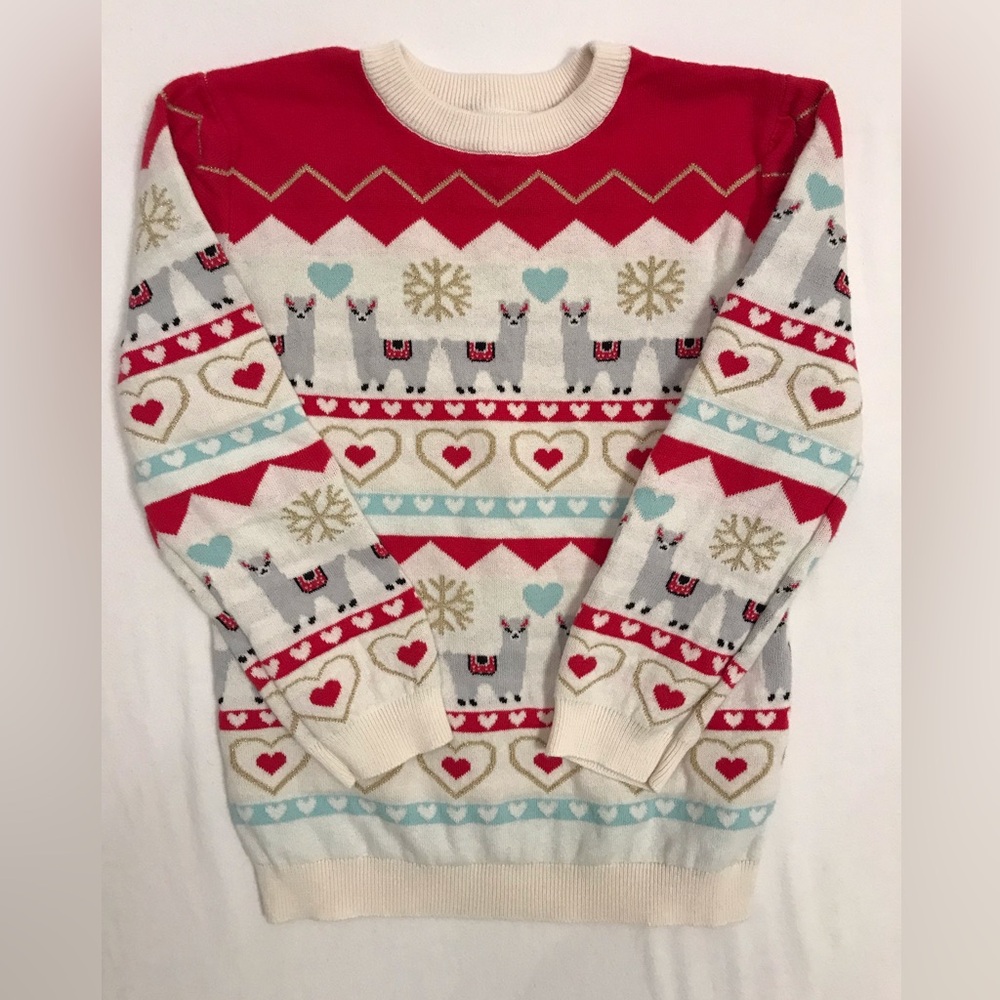 Andy & Evan Girls Sweater | Size 5 | Cream/Pink/Blue | Hearts Llamas Snowflakes